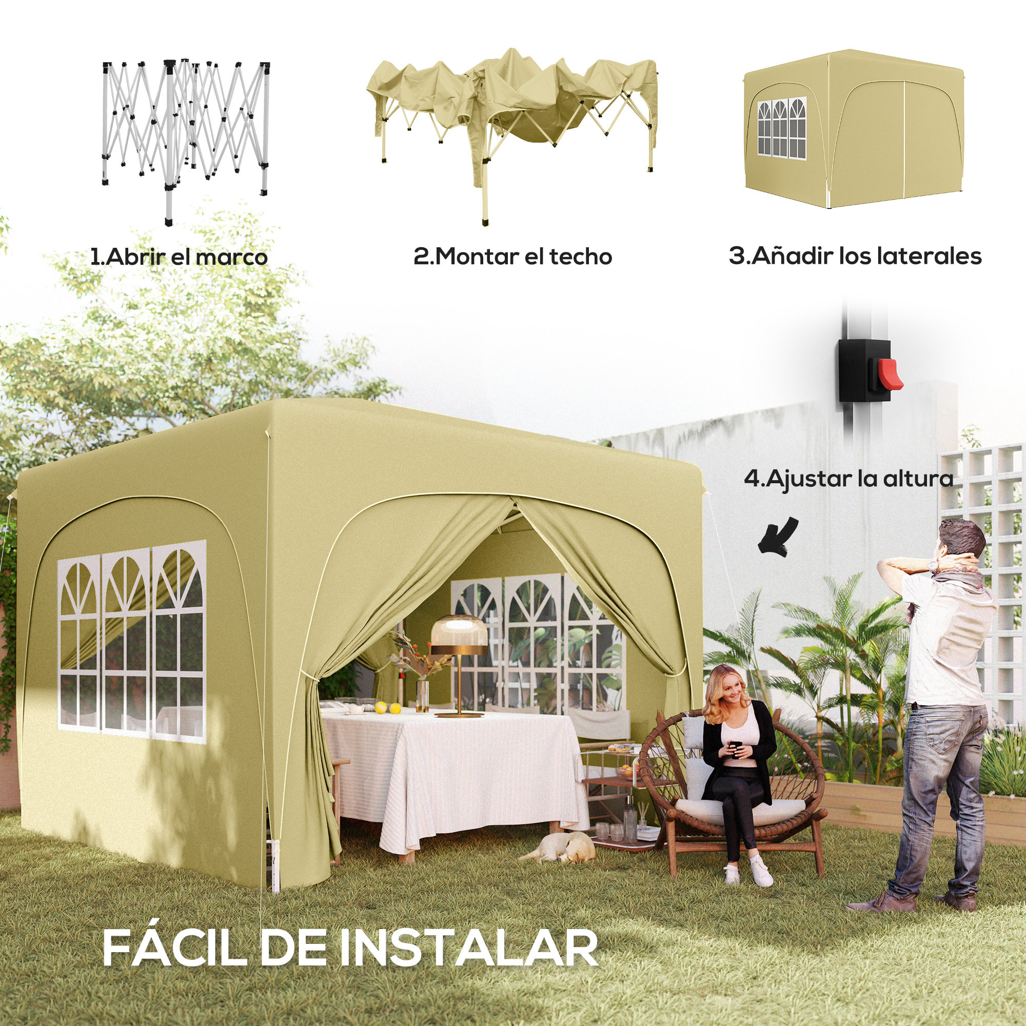 Carpa Plegable Gazabo 3x3 m con Paneles Laterales UPF50+ Cenador Pabellón de Jardín con Altura Ajustable y Bolsa de Transporte para Camping Fiestas Patio Terraza