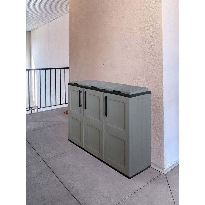 Pattumiera Arko, Cestino portarifiuti, Bidone per raccolta differenziata a 3 ante, 100% Made in Italy, 102x37h84 cm, Grigio e Nero, Finitura quadri