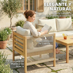 Conjunto de Jardín Exterior de 4 Piezas, Muebles Jardín Exterior con Sofá de 2 Plazas, 2 Sillones, Mesa de Madera de Acacia, Cojines Acolchados y Decoración de Cuerda PP, para Terraza, Beige