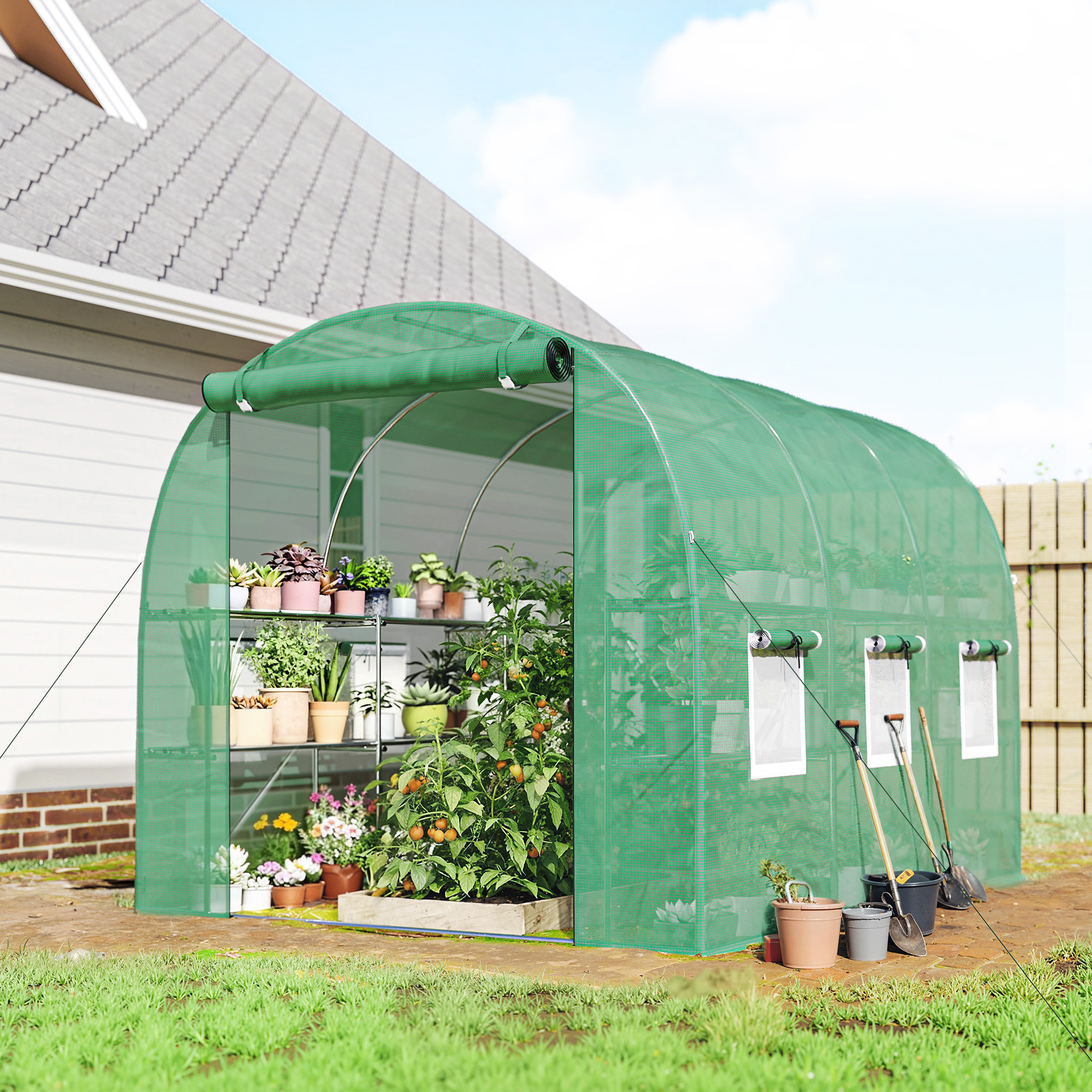 Invernadero de Exterior 2,8x2x1,9 m con Estantes, Invernadero de Túnel con Puerta Enrollable, 6 Ventanas de Malla, Cubierta PE y Marco de Acero Galvanizado, Anti-UV, Impermeable, Verde