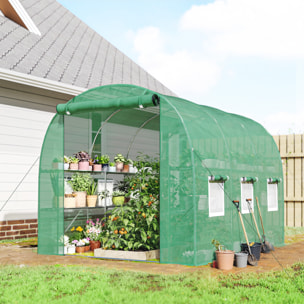 Invernadero de Exterior 2,8x2x1,9 m con Estantes, Invernadero de Túnel con Puerta Enrollable, 6 Ventanas de Malla, Cubierta PE y Marco de Acero Galvanizado, Anti-UV, Impermeable, Verde