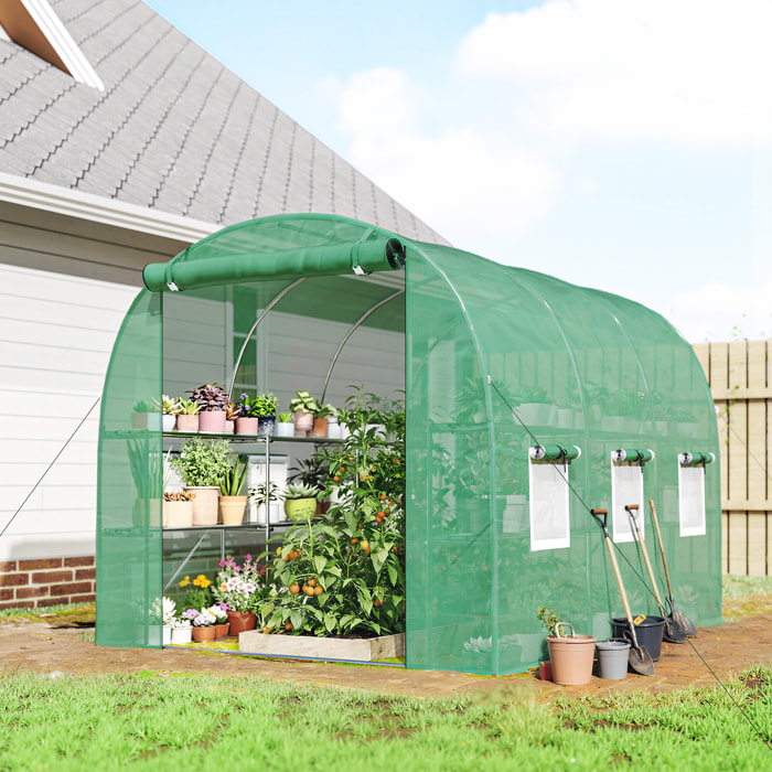Invernadero de Exterior 2,8x2x1,9 m con Estantes, Invernadero de Túnel con Puerta Enrollable, 6 Ventanas de Malla, Cubierta PE y Marco de Acero Galvanizado, Anti-UV, Impermeable, Verde