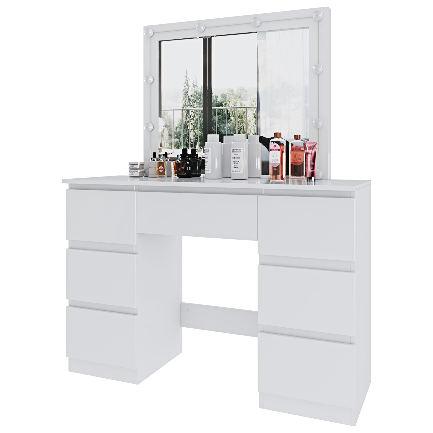 Toeletta Tavolino Da Trucco Tavolo 10 Luci LED Luminosità Regolabile Specchio Orizzontale Con 7 Cassetti Postazione Make Up 39.5x110x140.5 Cm Bianco