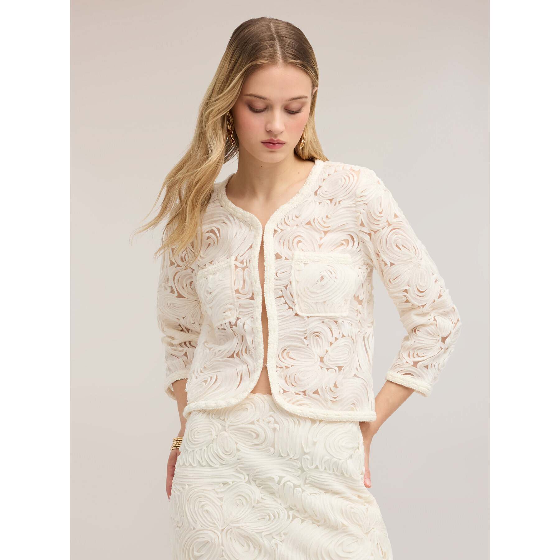 Motivi - Giacca chanel corta in tulle con ricamo - Bianco