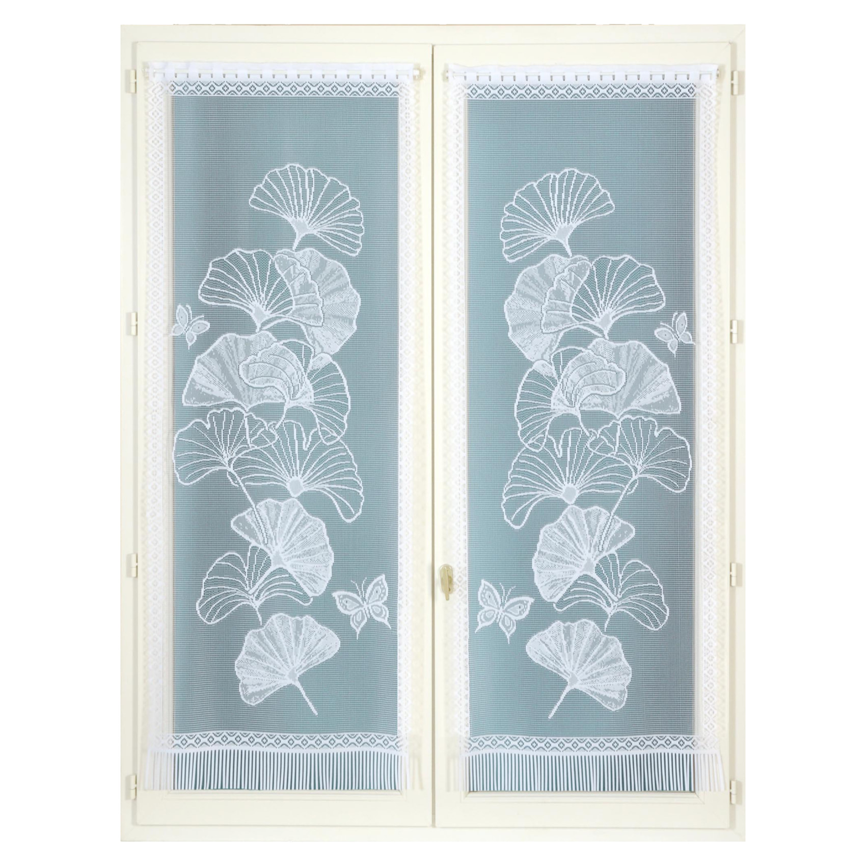 Paire de vitrages frangés dentelle motif ginkgo - Blanc