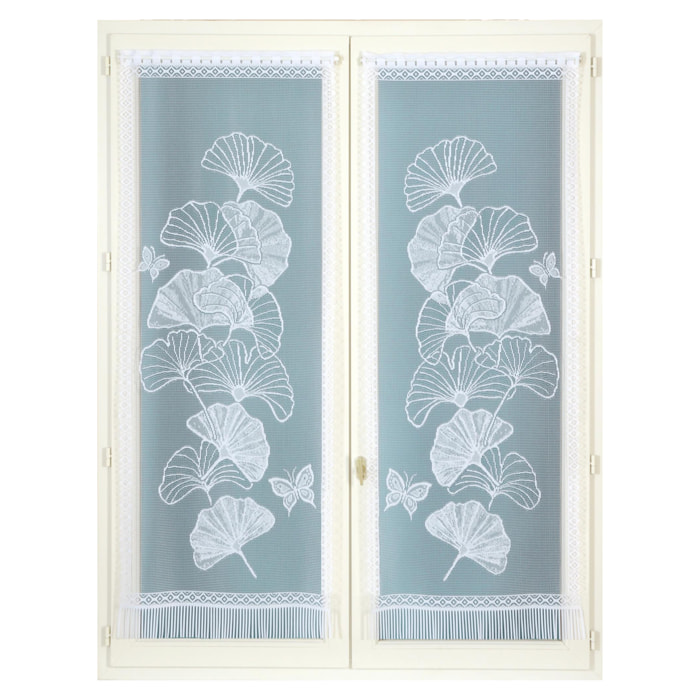 Paire de vitrages frangés dentelle motif ginkgo - Blanc