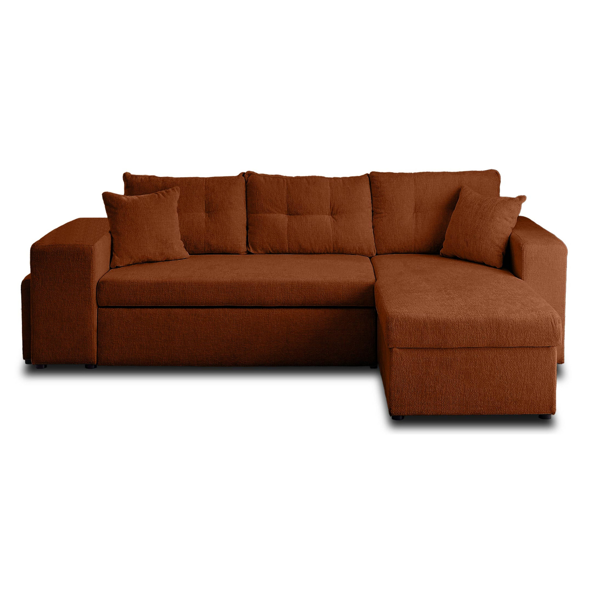California - canapé d'angle réversible 4 places - convertible avec coffre, étagère et poufs - en velours texturé - Terracotta