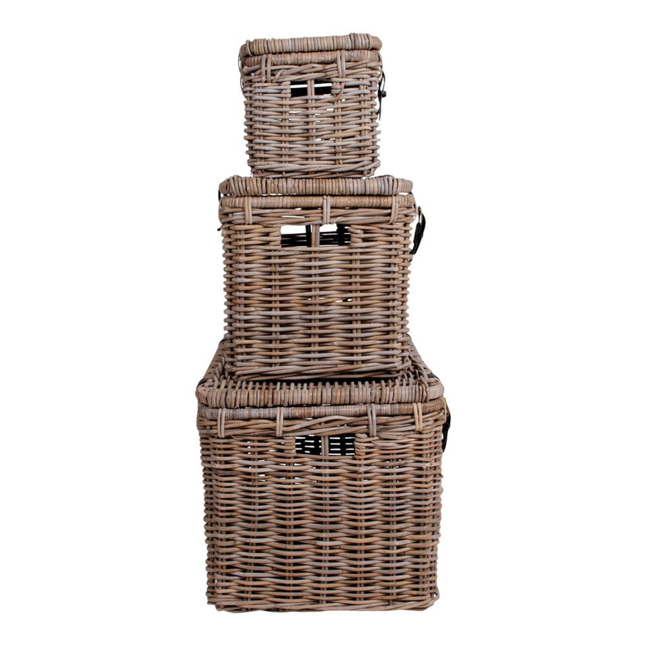 Set 3 bauli portaoggetti Depok in rattan kubu grigio con manici in pelle