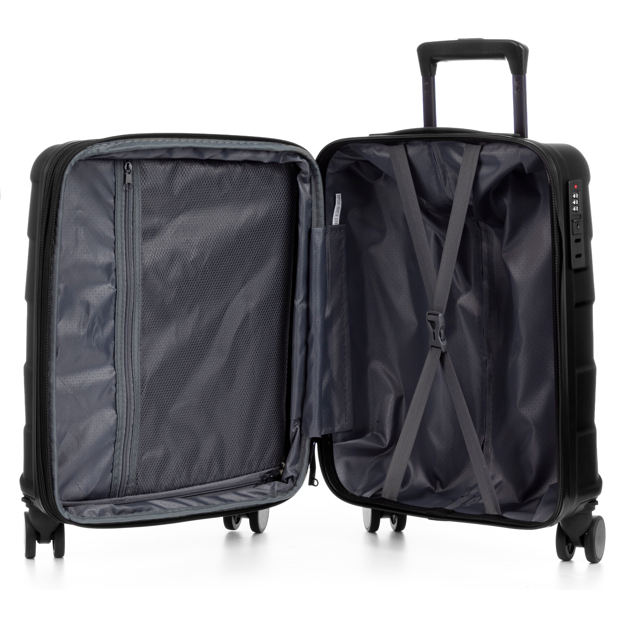 Set di 4 valigie Trolley espandibili, realizzate in materiale leggero ABS ad alta resistenza. Chiusura numerica, 4 ruote doppie girevoli a 360°.