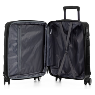 Set di 4 valigie Trolley espandibili, realizzate in materiale leggero ABS ad alta resistenza. Chiusura numerica, 4 ruote doppie girevoli a 360°.