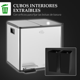 Cubo de Basura de Cocina con 2 Compartimentos 2x20L Papelera Cocina de Acero Inoxidable con Pedal Tapas de Cierre Suave y Cubo Extraíble para Dormitorio Oficina Salón Plata
