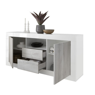 Credenza moderna a 2 ante e 2 cassetti, Made in Italy, Madia da cucina, Buffet di design da soggiorno, cm 184x42h86, colore Bianco lucido e Cemento