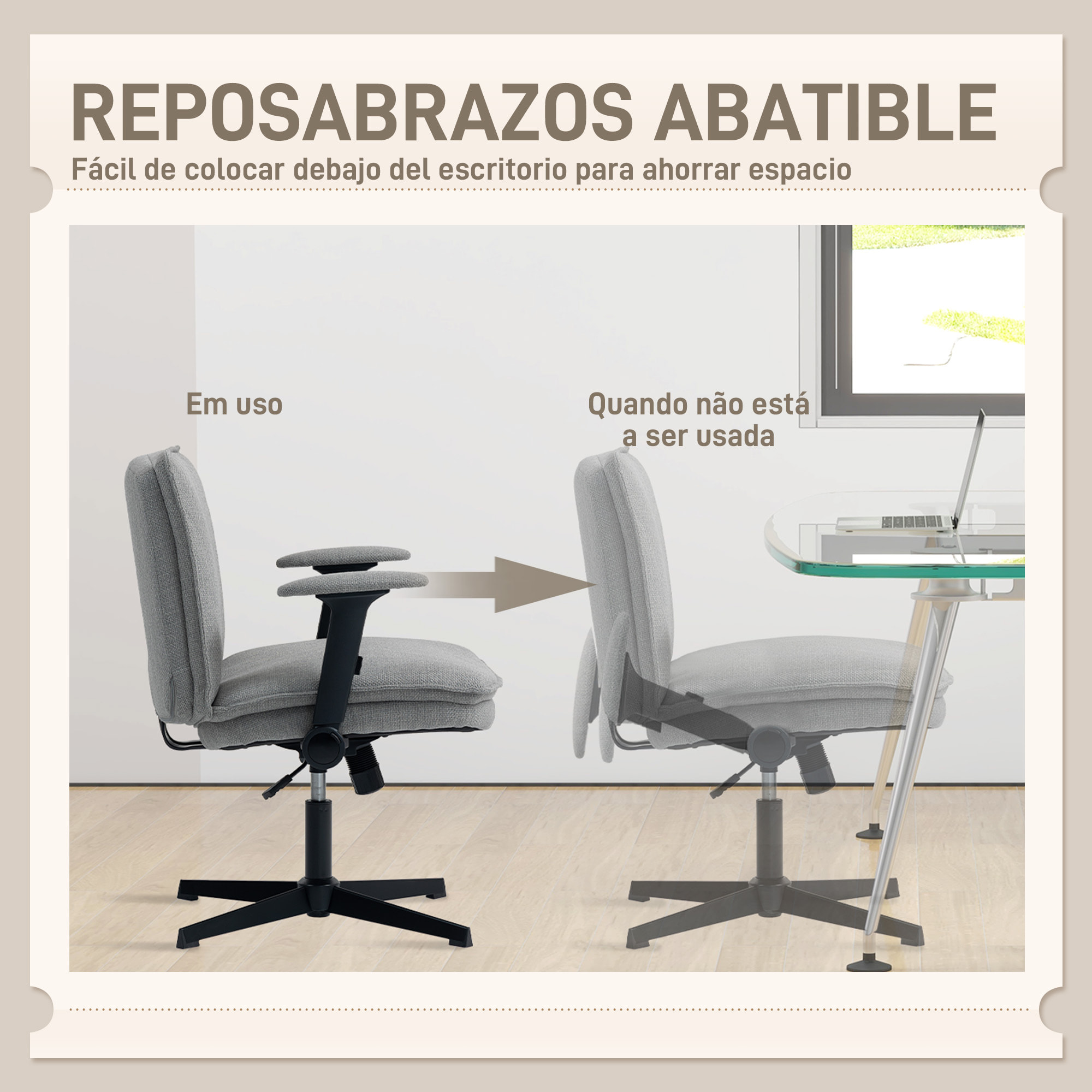 Silla de Oficina Piernas Cruzadas, Silla de Escritorio con Reposabrazos Abatible, Asiento Ancho, sin Ruedas, Altura Ajustable, Giratoria, Función Basculante, Tapizada en Lino, Gris