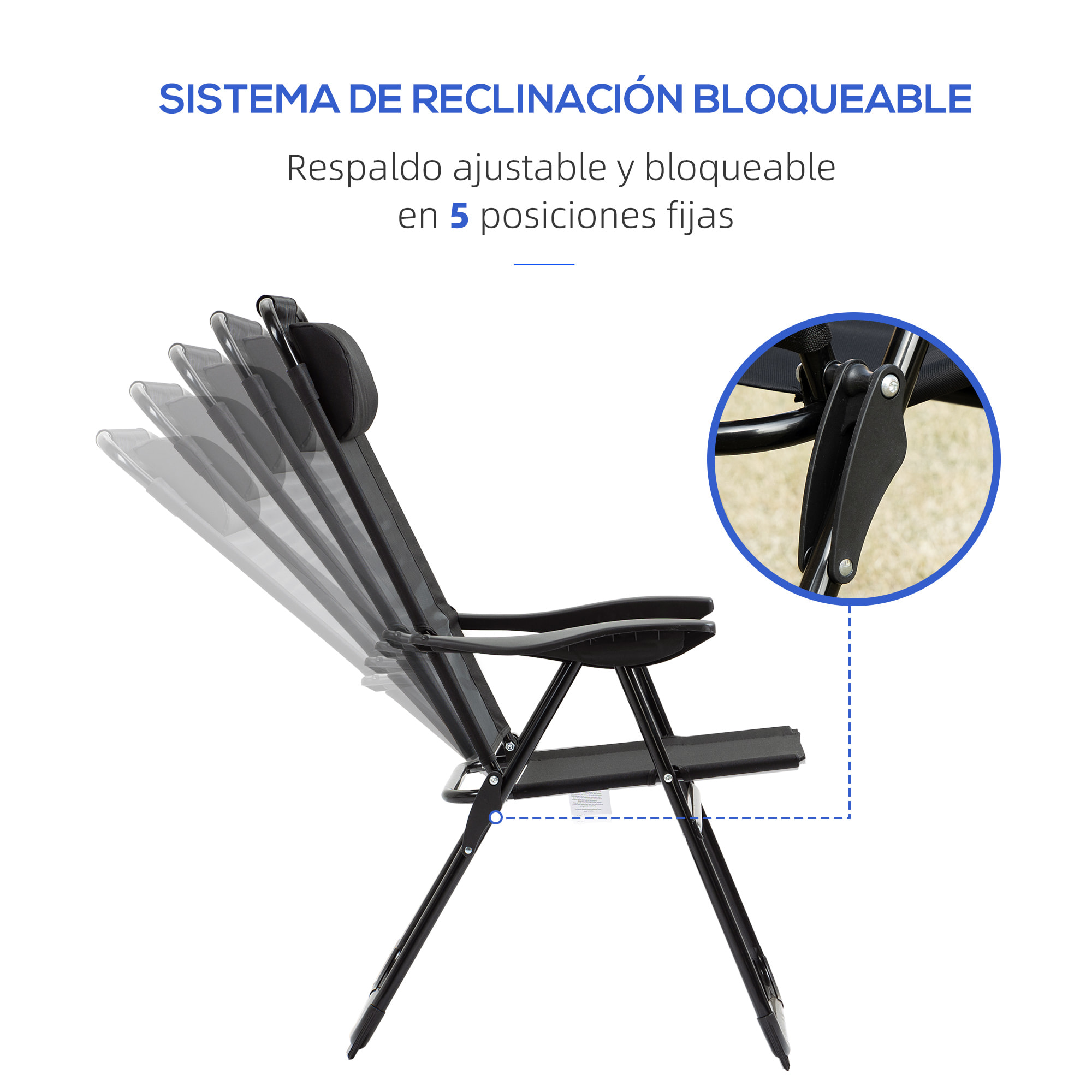 Conjunto de 2 Sillas de Camping Plegables Sillas de Jardín con Reposacabezas Desmontable y Respaldo Reclinable en 5 Niveles Carga 120 kg para Terraza Playa 62x70x109 cm Negro