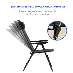 Conjunto de 2 Sillas de Camping Plegables Sillas de Jardín con Reposacabezas Desmontable y Respaldo Reclinable en 5 Niveles Carga 120 kg para Terraza Playa 62x70x109 cm Negro