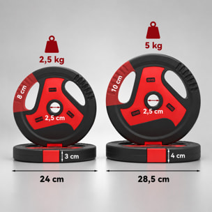 Juego de Discos de Pesas de 4 Piezas, Agujero Ø25 mm, Total 15 kg, 2x5kg, 2x2,5kg, de PP, Placas de Pesas con Agarres, para Mancuernas y Barras, para Casa, Gimnasio, Negro y Rojo