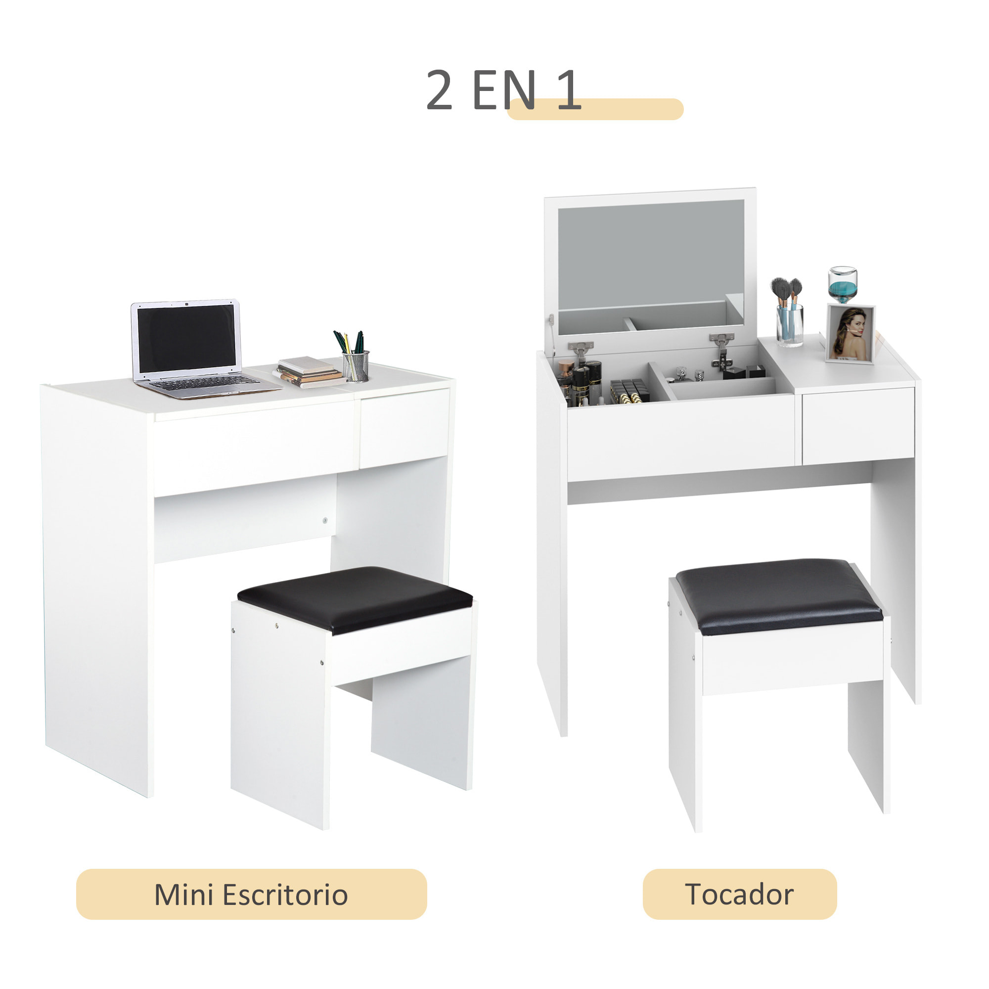 Tocador de Tablero con Taburete y Espejo 80x40x79cm Negro