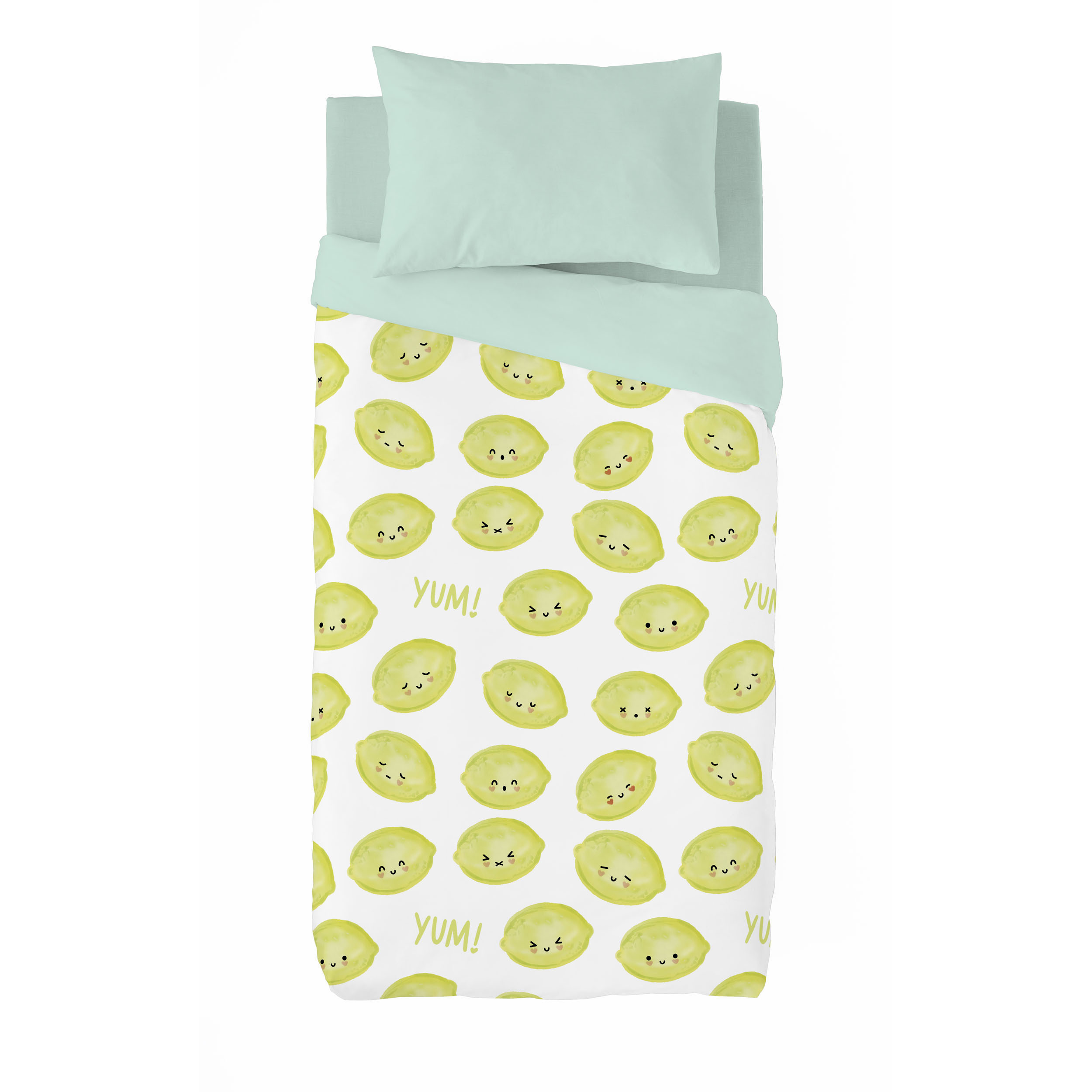 Kawanimals - Funda Nórdica Estampada - Cierre Solapa - 100% Algodón - Incluye 1/2 Fundas de Almohada - Limon