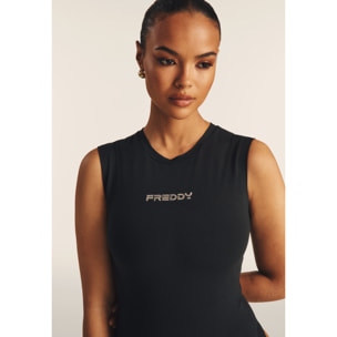 Body senza maniche in jersey stretch con logo strass