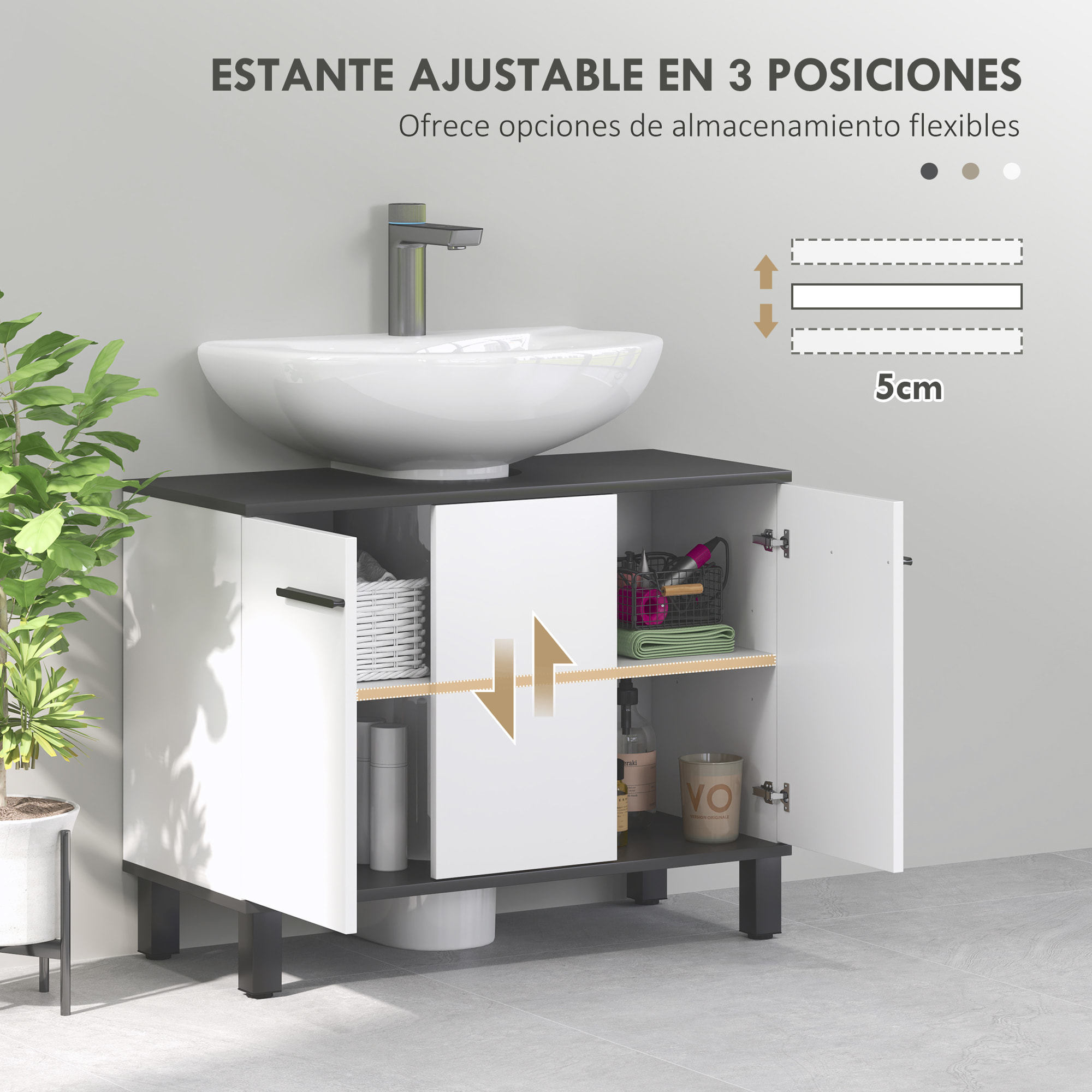 Mueble bajo Lavabo Mueble de Lavabo con Pie Mueble de Baño con 2 Puertas y Estantes Ajustables para Lavabo con Pedestal o con Pies 80x34x60 cm Blanco Brillante