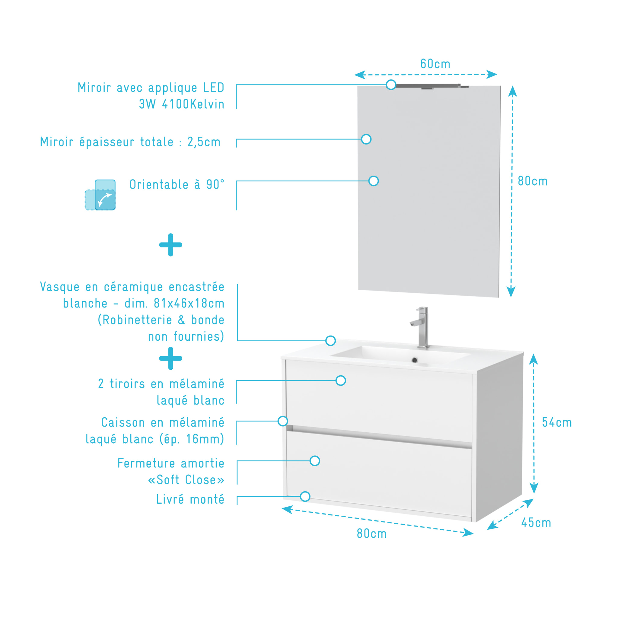 Pack Meuble Salle de Bains 80cm Blanc 2 Tiroirs, Vasque, Miroir 60x80 et réglette Led - XENOS