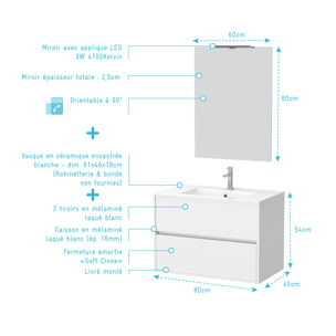 Pack Meuble Salle de Bains 80cm Blanc 2 Tiroirs, Vasque, Miroir 60x80 et réglette Led - XENOS