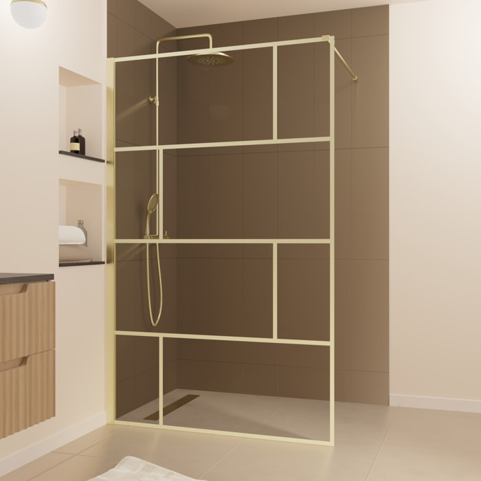 Paroi de douche à l'italienne 120x195cm Sérigraphie type Briques - Doré Or Brossé - GOLDY BLOCKS