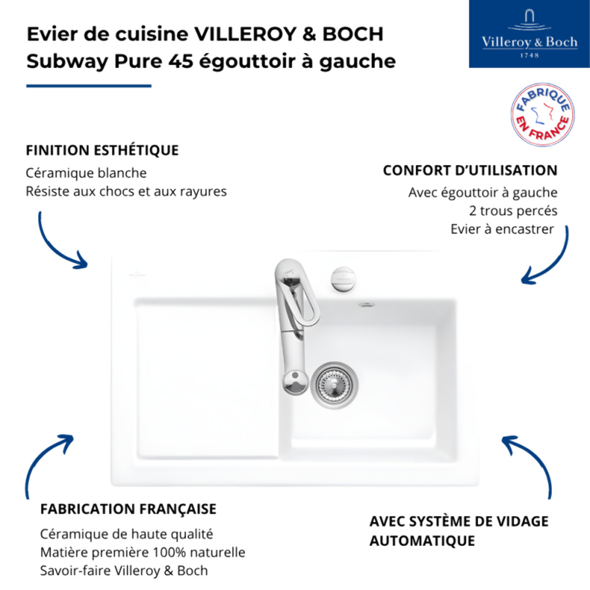 Evier 1 bac avec egouttoir a gauche Subway Pure 45 78 x 51 cm Blanc vidage automatique inclus