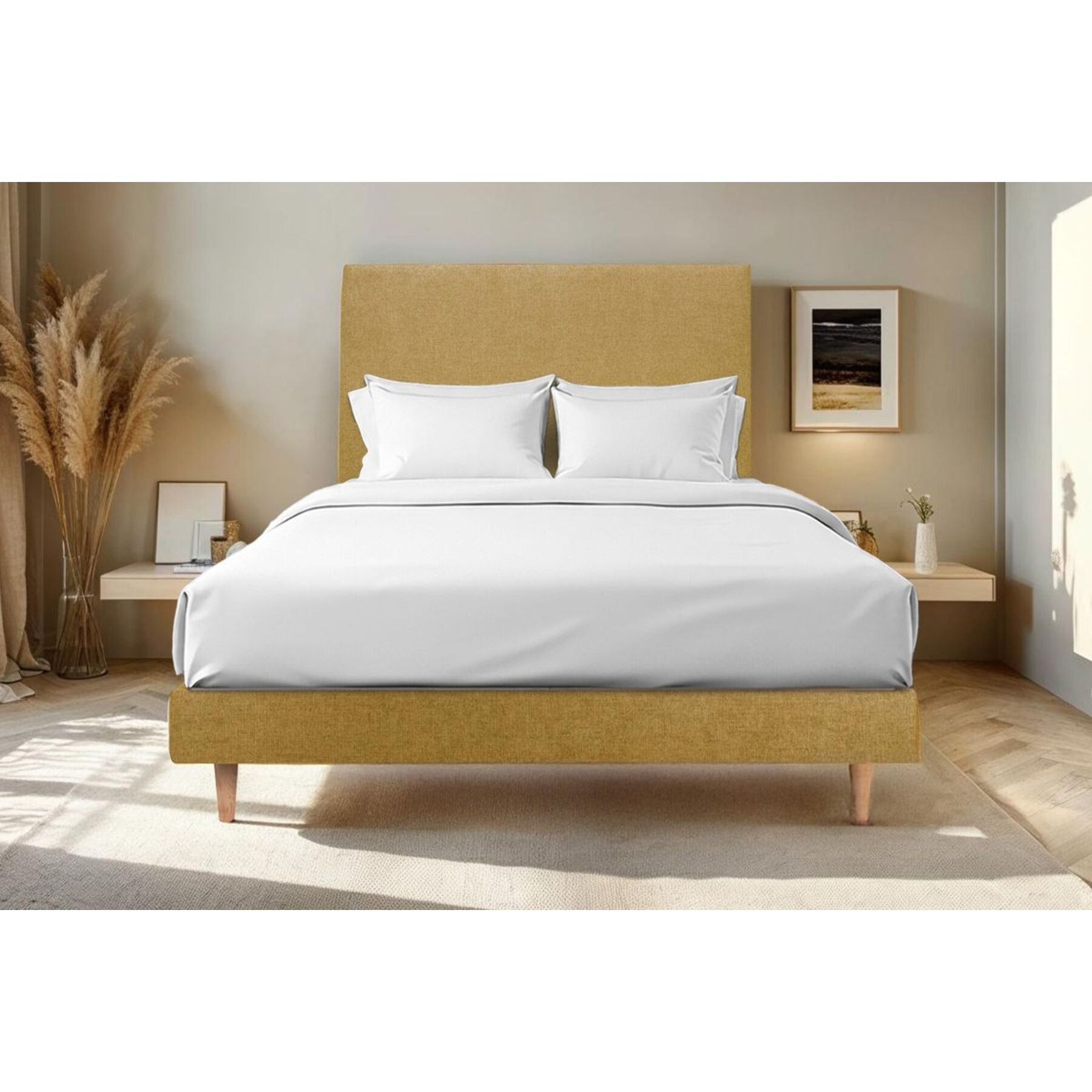 Lit avec tête de lit tapissée tissu et sommier kit Ep14