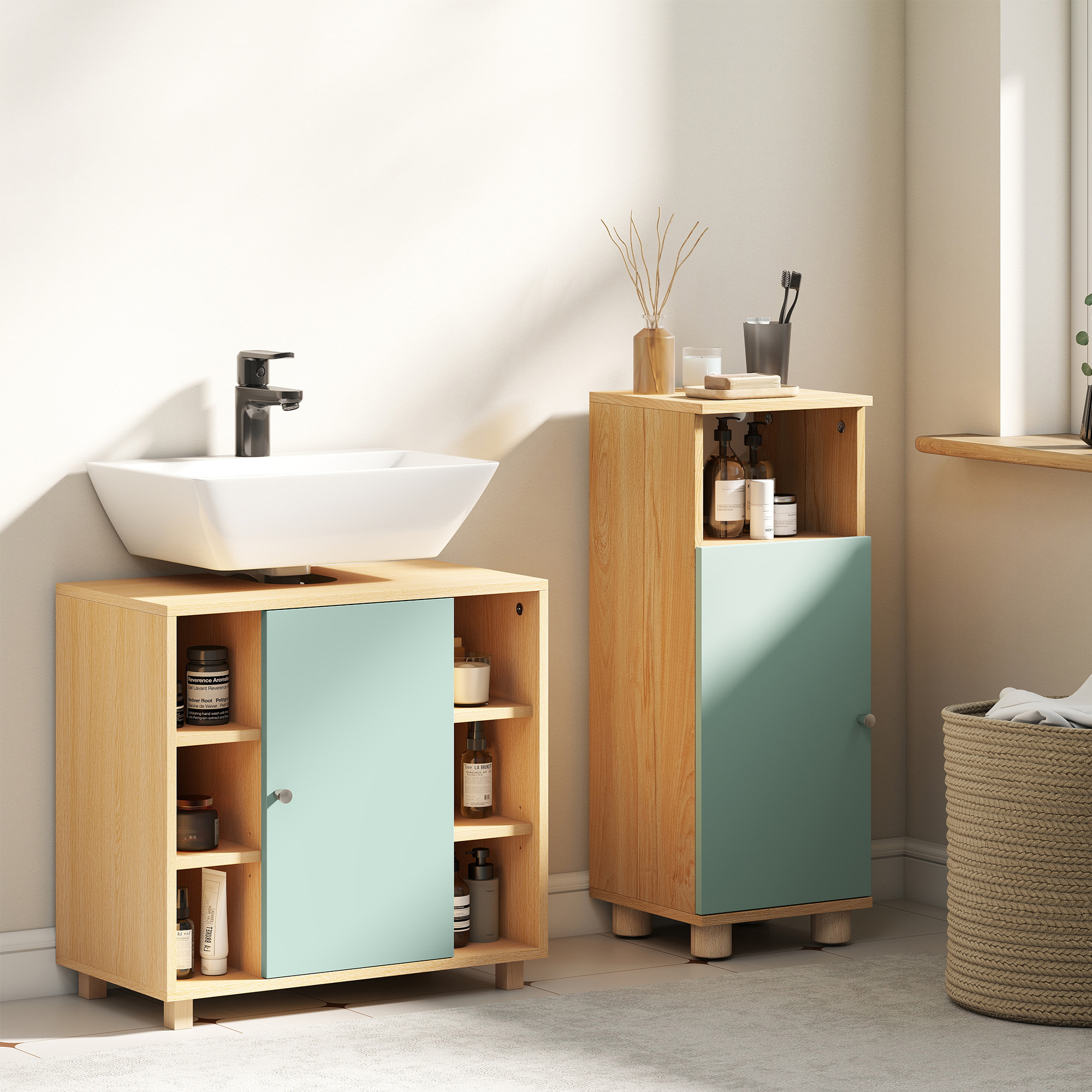 Meuble sous vasque 6 niches porte étagère dim. 60 x 33 x 57 cm effet bois clair vert d'eau