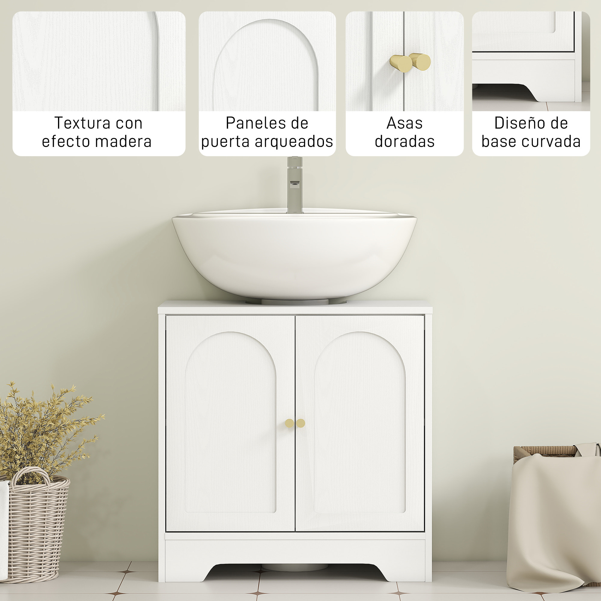 Mueble bajo Lavabo Mueble de Baño con 2 Puertas con Diseño de Arco Estante Ajustable Tiradores Dorados para Lavabo con o sin Pedestal 60x30x65 cm Blanco