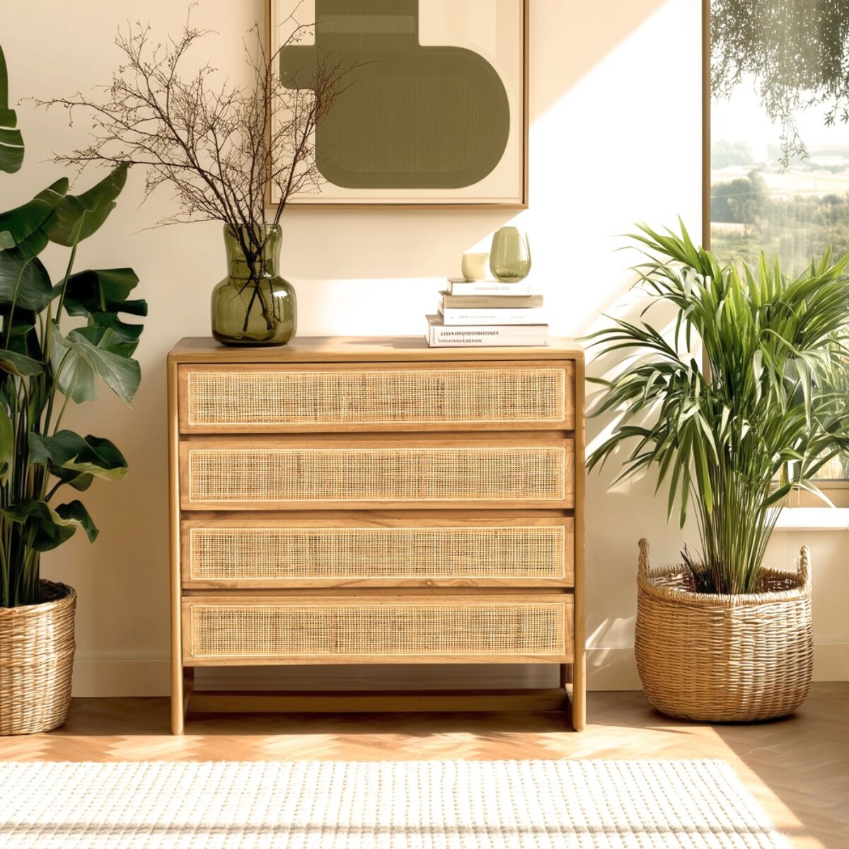 AMY - Commode 4 tiroirs 90cm en bois de mindi et rotin naturel