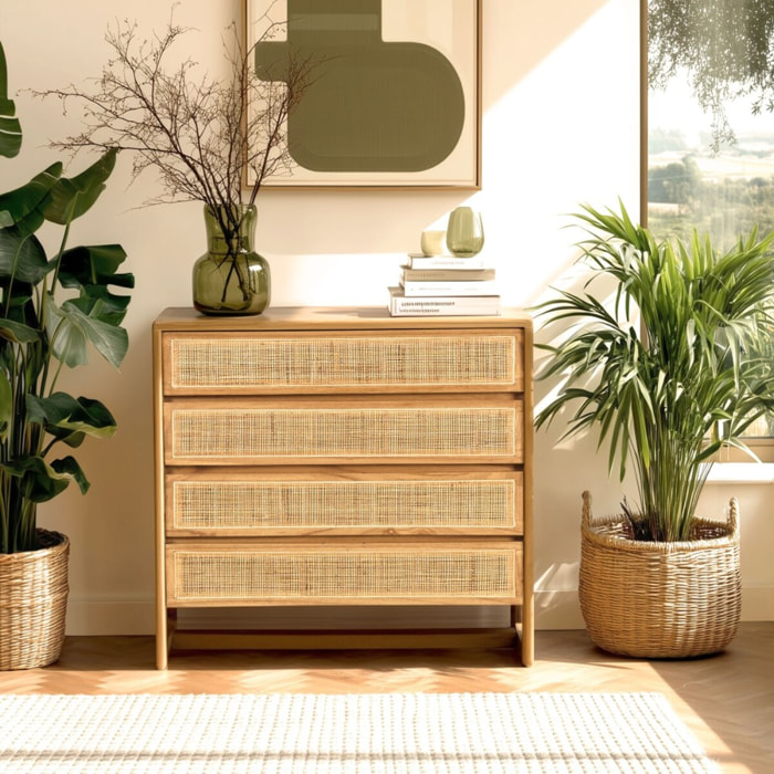AMY - Commode 4 tiroirs 90cm en bois de mindi et rotin naturel