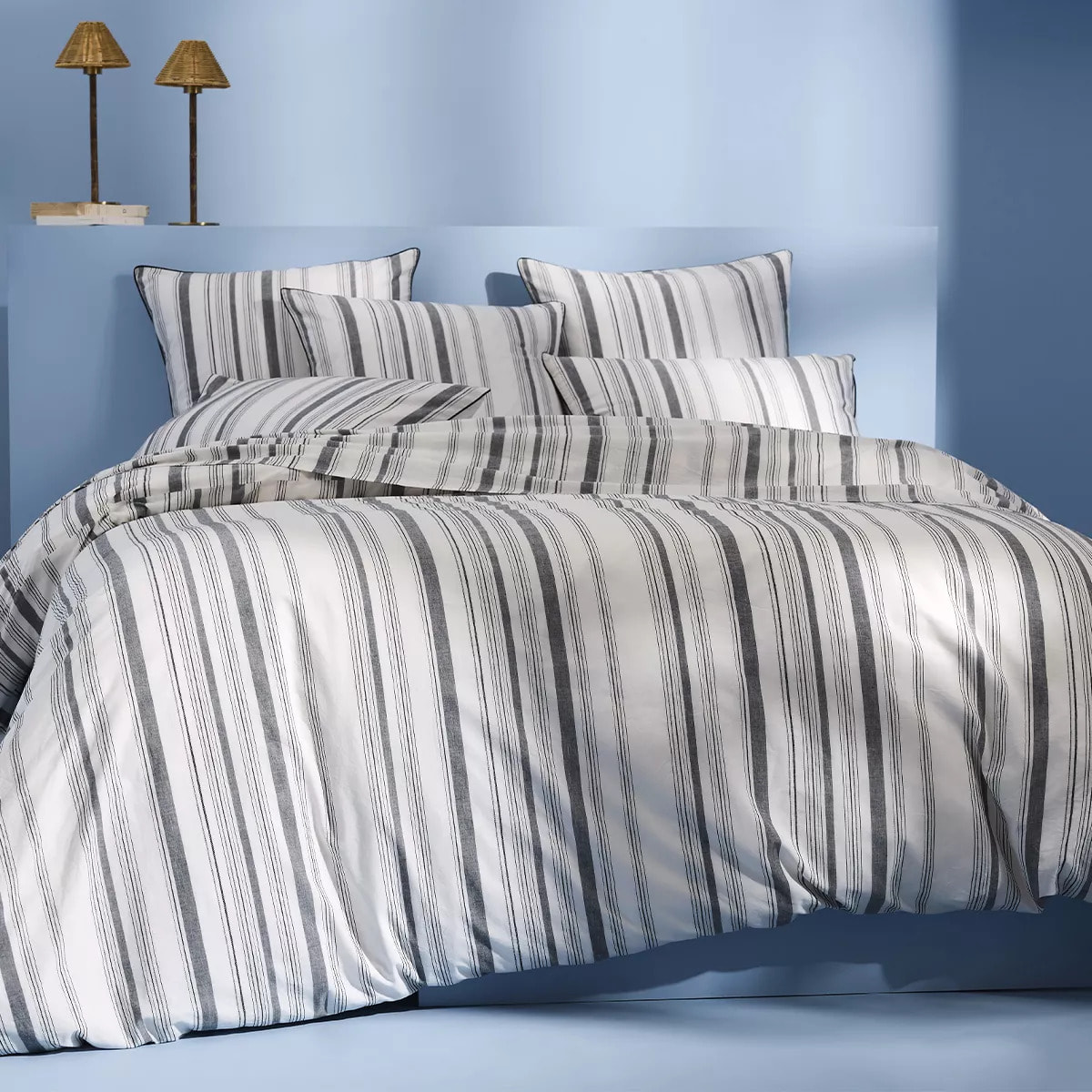 Lot h.couette +taies pur coton lavé rayé anthracite noir Portland granit