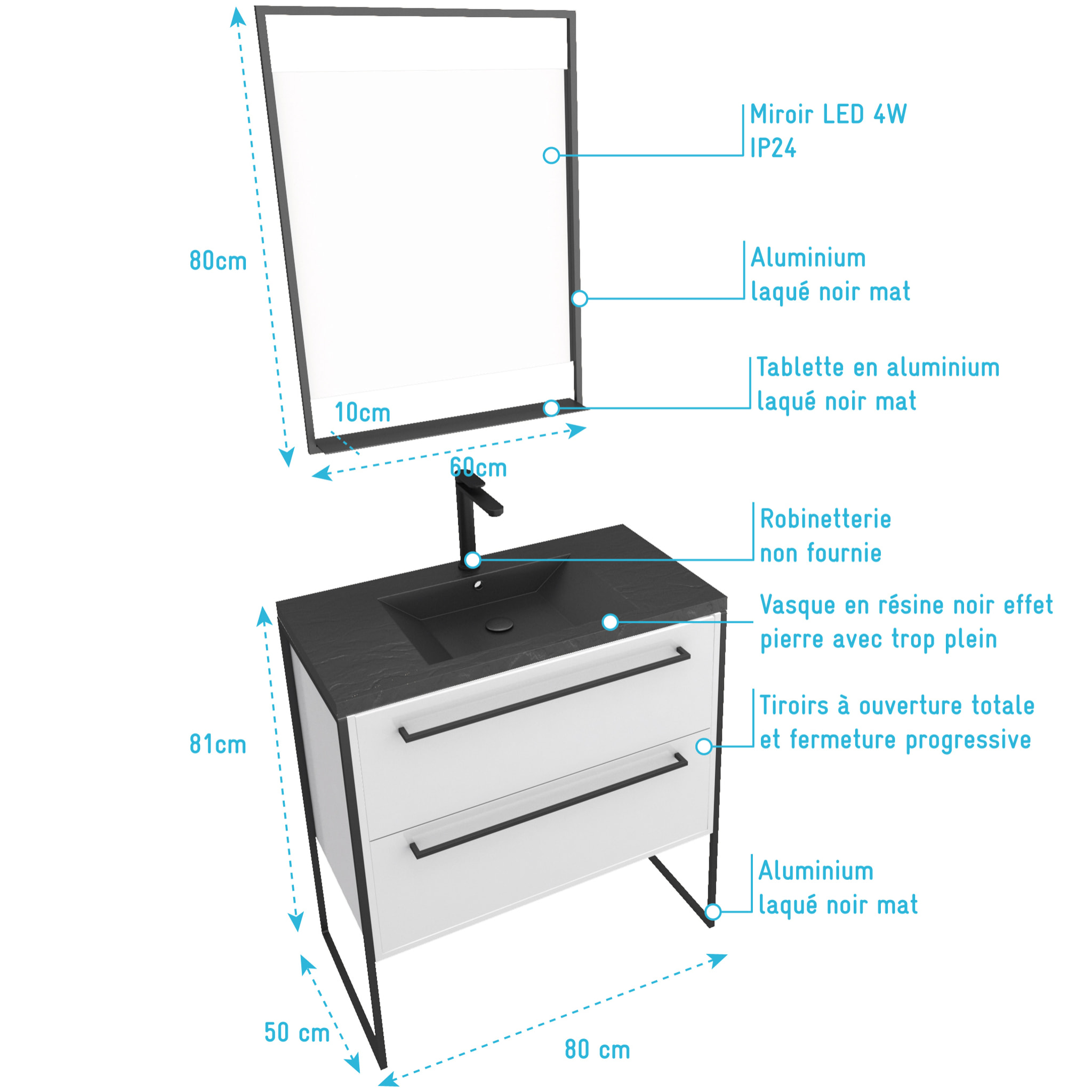 Pack meuble de salle de bain 80x50cm Blanc - 2 tiroirs - vasque resine noire effet pierre - miroir
