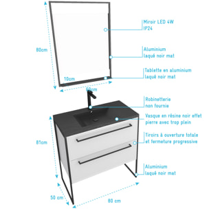 Pack meuble de salle de bain 80x50cm Blanc - 2 tiroirs - vasque resine noire effet pierre - miroir