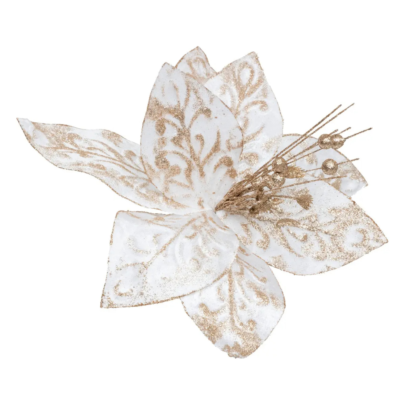 Décoration de sapin poinsettia XL blanc or 40cm