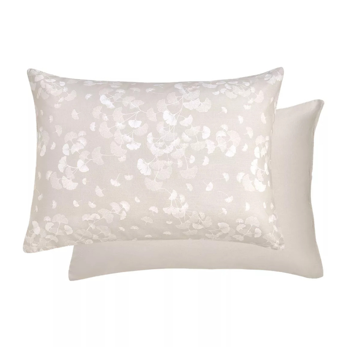 Taie d'oreiller pur coton lavé imprimé beige Souffle de ginkos naturel