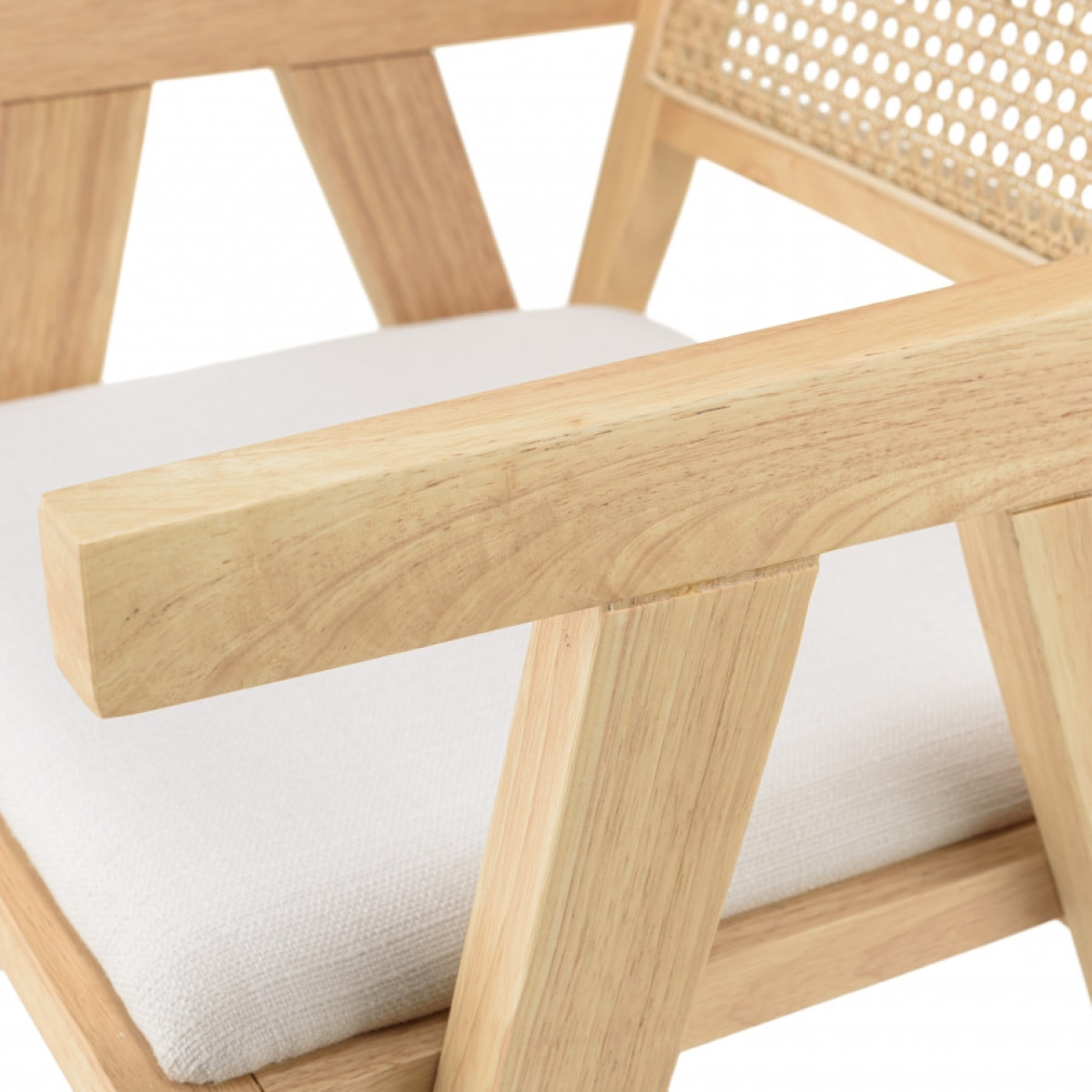 ALBANE - Fauteuil bois d'Hévéa assise tissu blanc dossier rotin naturel