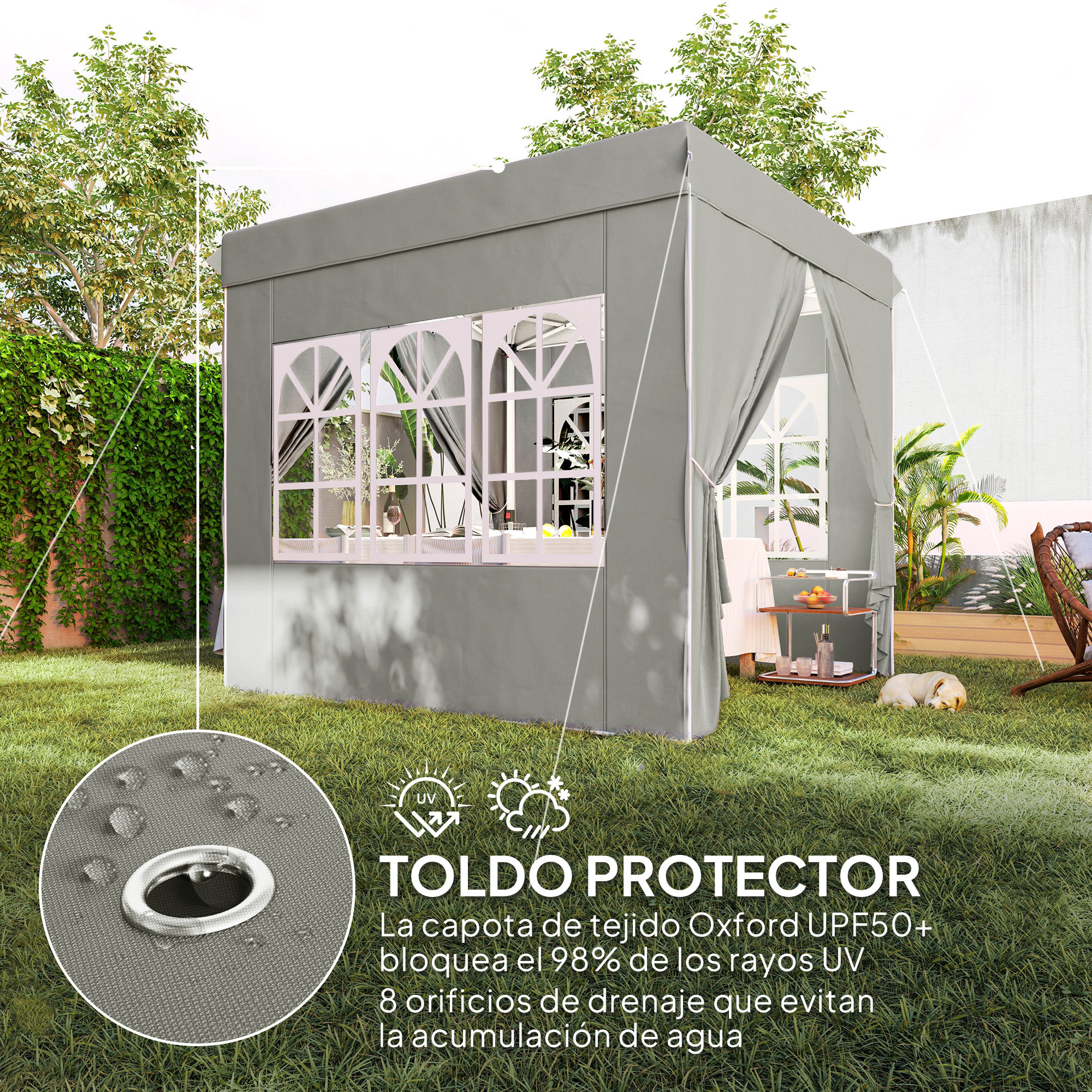 Carpa Plegable 2,5x2,5 m, Pop-up, Cenador Pabellón de Jardín con Altura Ajustable 3 Niveles, 4 Paredes Laterales, Ventanas y Bolsa Transporte, UPF50+, Impermeable para Fiestas, Exterior, Gris