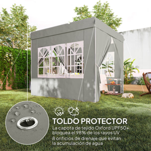 Carpa Plegable 2,5x2,5 m, Pop-up, Cenador Pabellón de Jardín con Altura Ajustable 3 Niveles, 4 Paredes Laterales, Ventanas y Bolsa Transporte, UPF50+, Impermeable para Fiestas, Exterior, Gris