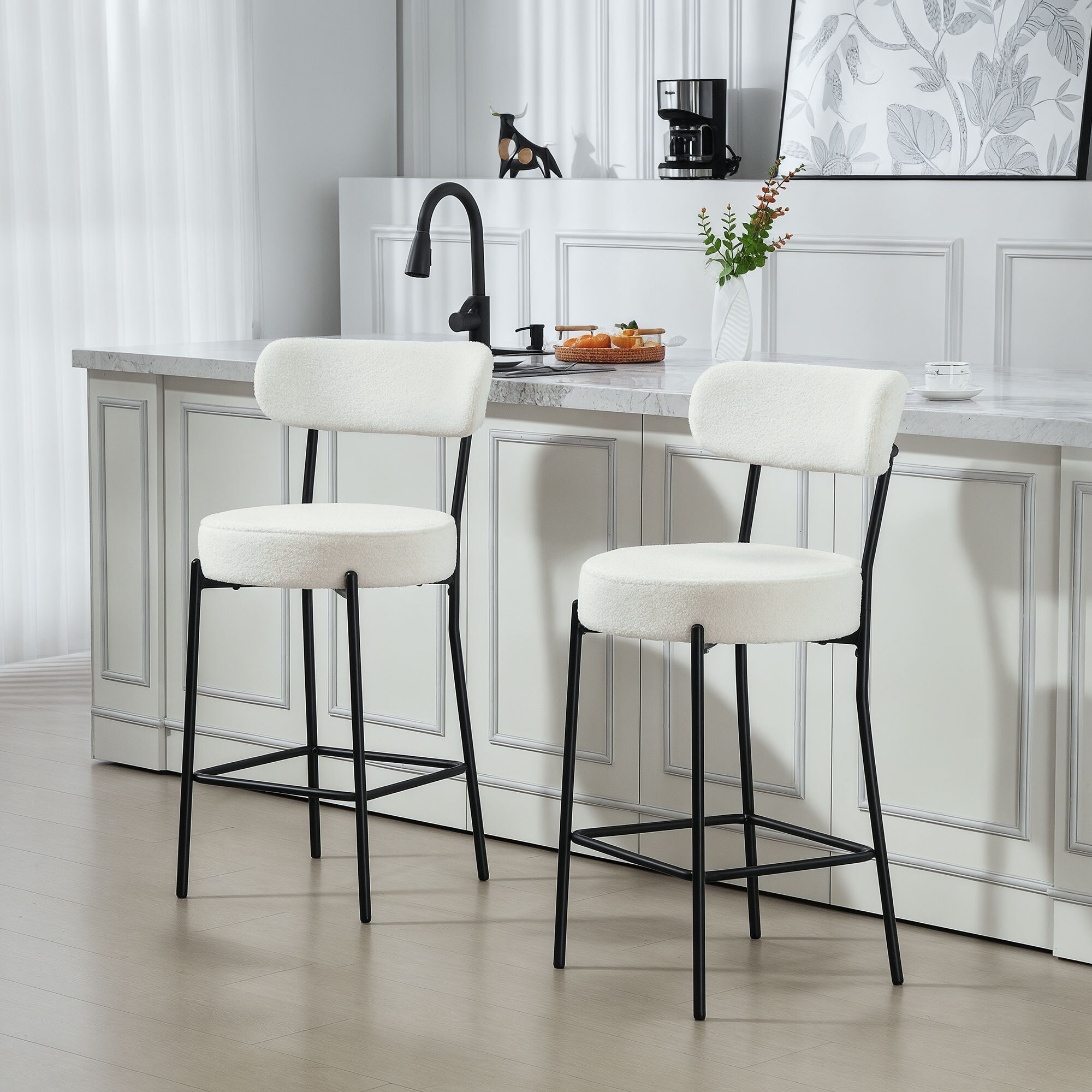Lot de 2 tabourets de bar en tissu bouclé assise H.68 cm - lot de 2 chaises de bar - acier noir blanc cassé