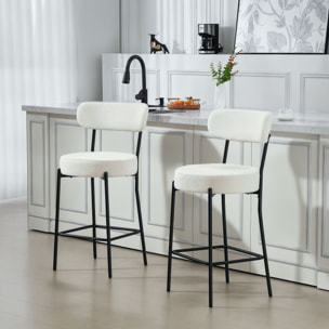 Lot de 2 tabourets de bar en tissu bouclé assise H.68 cm - lot de 2 chaises de bar - acier noir blanc cassé
