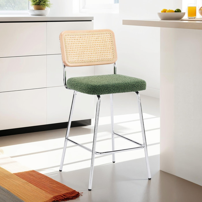 Lot de 2 chaises de bar en cannage et tissu bouclé, piètement chromé - MUSE