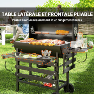 Barbecue charbon de bois avec couvercle 2 roues - 2 tablettes pliables, étagère, thermomètre - acier noir