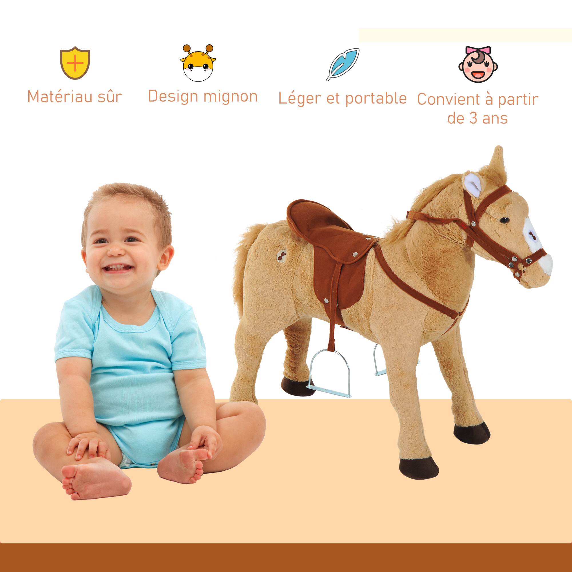 Cheval debout en peluche effets sonores hennissement et galop selle étrier rênes beige