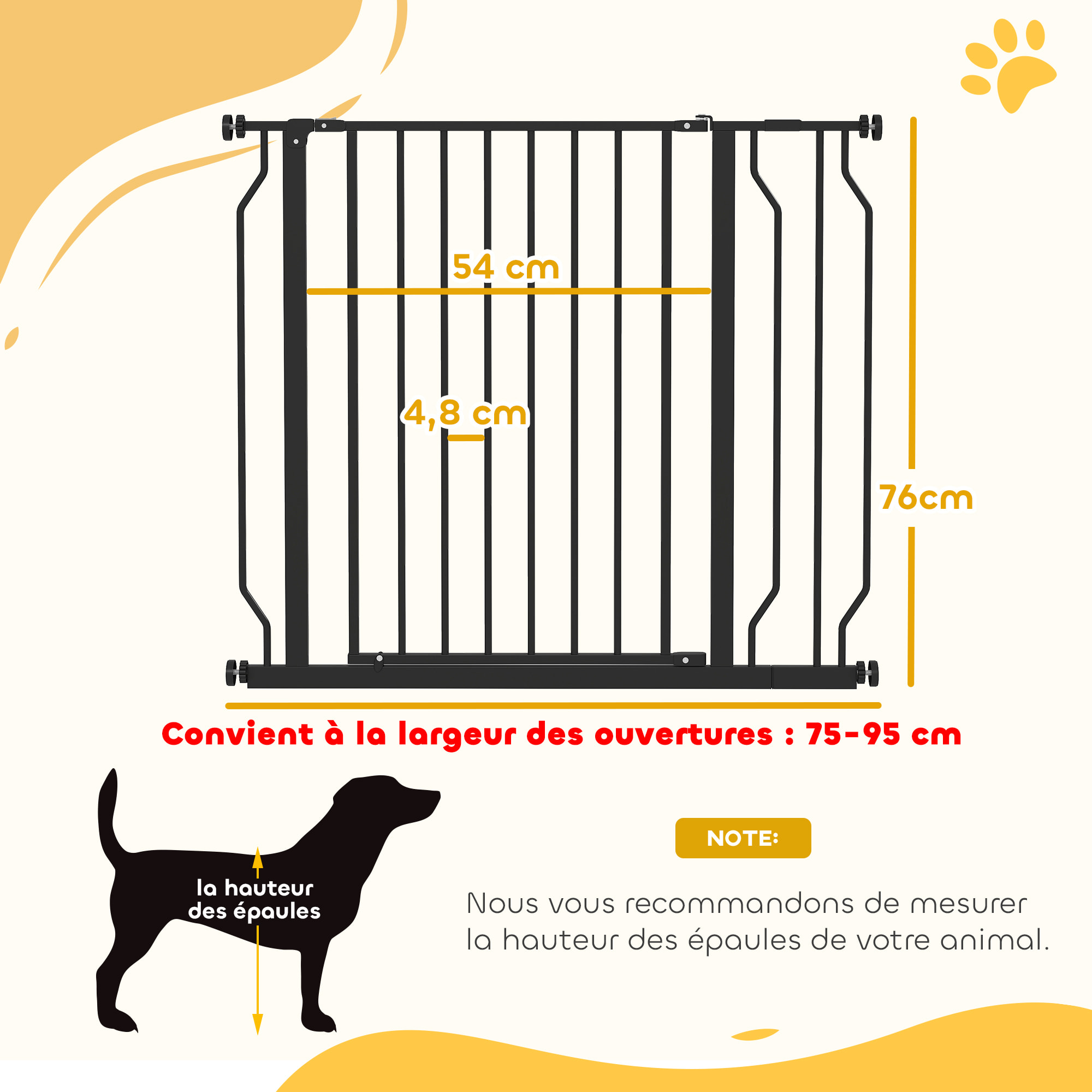 Barrière de sécurité chien réglable 75-95 cm - porte verrouillable - sans perçage - acier ABS noir