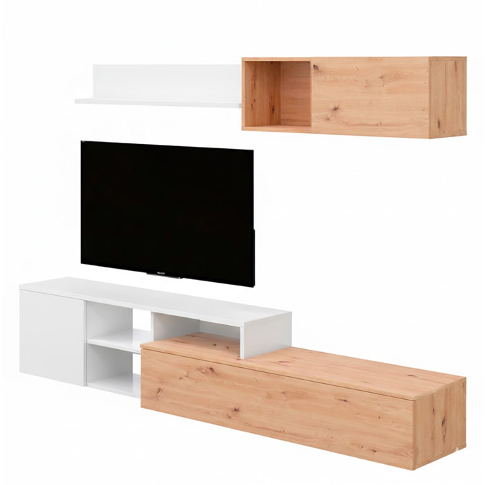 Parete Attrezzata Soggiorno Mobile TV Con Modulo Superiore E Mensola Foro Passacavi Moderno Per Zona Living 220 x 44 x 40 Cm Colore Bianco E Rovere