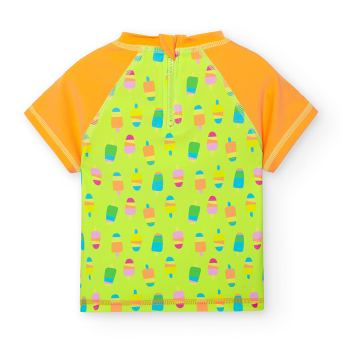Camiseta bebÃ© niÃ±o, poliamida estampada, verde, mangas
