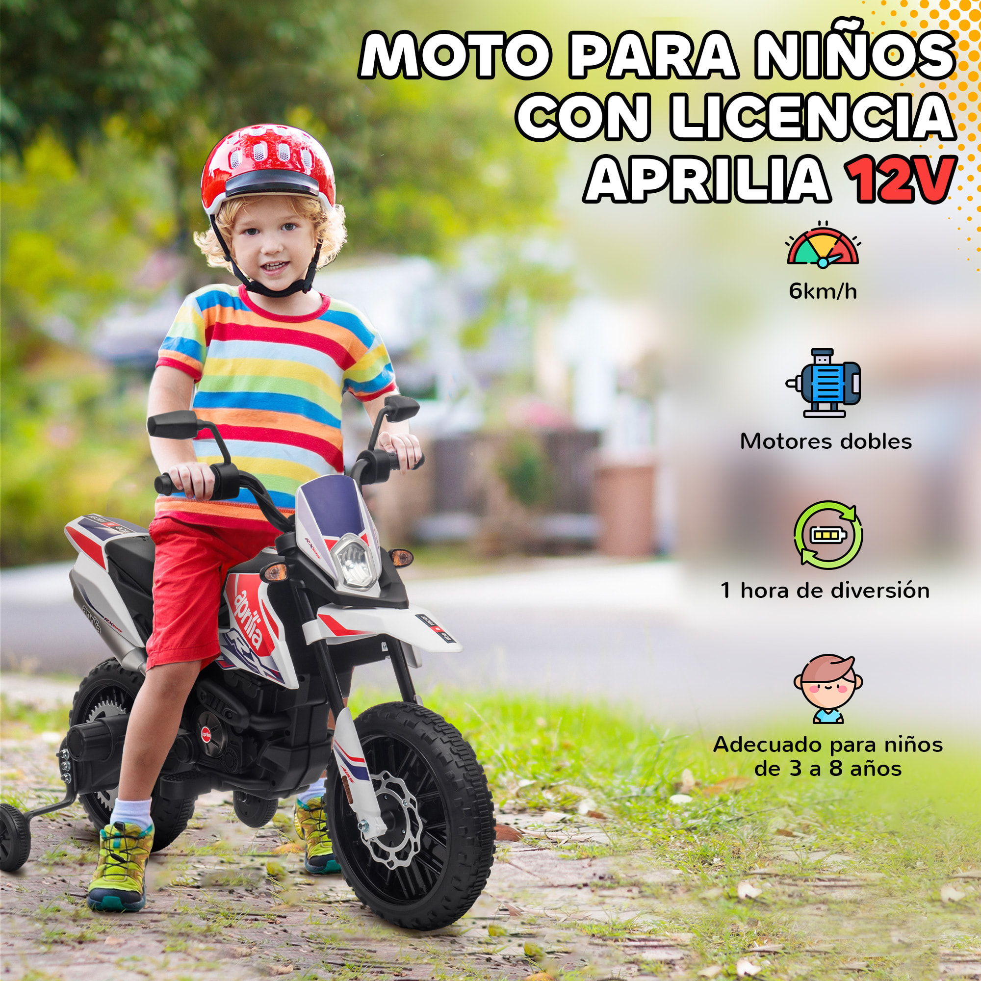 Moto Eléctrica para Niños 12V con Licencia Aprilia, Moto Eléctrica Infantil con Ruedas Auxiliares Desmontables, 6 km/h, Suspensión Trasera, Faro, Música y USB, para Niños 37-96 Meses, Blanco